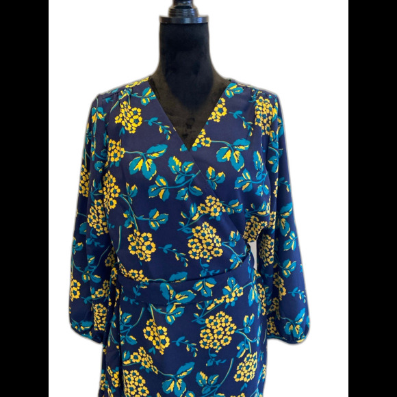 J. Crew Navy Blue Gold Floral Wrap Dress Plus Size 16 in 365 Crepe Fabric J.Crew - Picture 1 of 11